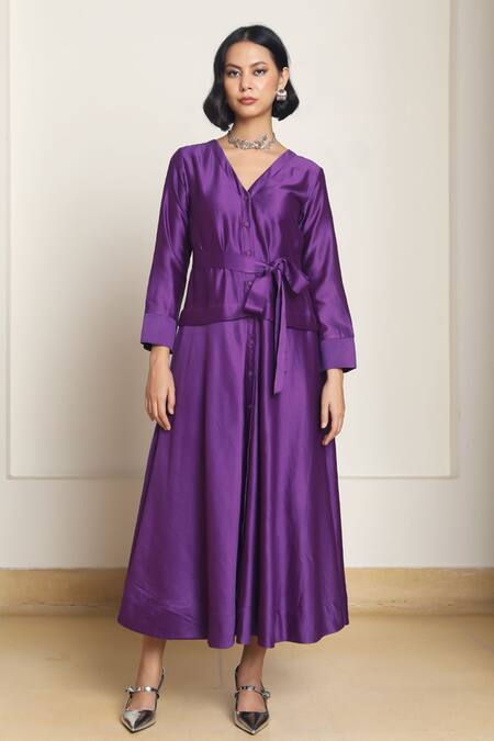 Kanelle Purple Chanderi Silk Patchwork Floral V Kamil Work Detailed Dress Online at Aza Fashions Kanelle_Purple Chanderi Silk Patchwork Floral V Kamil Work Detailed Dress_Online_at_Aza_Fashions