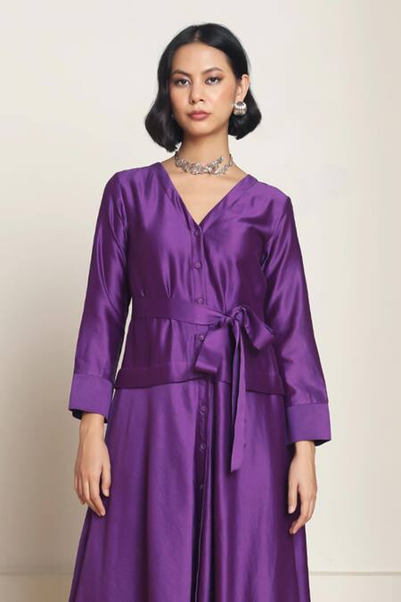 Buy Kanelle Purple Chanderi Silk Patchwork Floral V Kamil Work Detailed Dress Online at Aza Fashions Buy_Kanelle_Purple Chanderi Silk Patchwork Floral V Kamil Work Detailed Dress_Online_at_Aza_Fashions