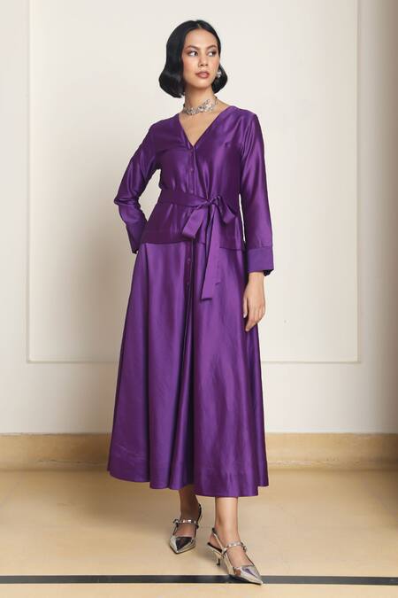 Shop Kanelle Purple Chanderi Silk Patchwork Floral V Kamil Work Detailed Dress Online at Aza Fashions Shop_Kanelle_Purple Chanderi Silk Patchwork Floral V Kamil Work Detailed Dress_Online_at_Aza_Fashions