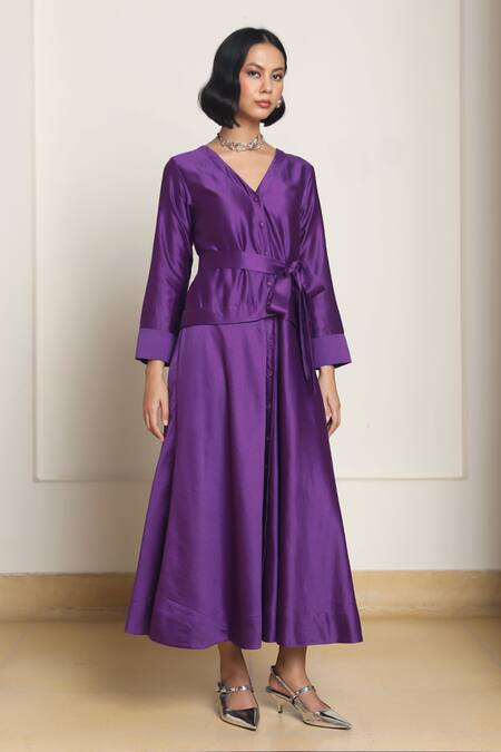 Kanelle Purple Chanderi Silk Patchwork Floral V Kamil Work Detailed Dress at Aza Fashions Kanelle_Purple Chanderi Silk Patchwork Floral V Kamil Work Detailed Dress_at_Aza_Fashions