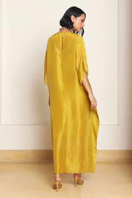Kanelle_Green Cotton, Silk V-neck Mira Draped Kaftan _Online_at_Aza_Fashions