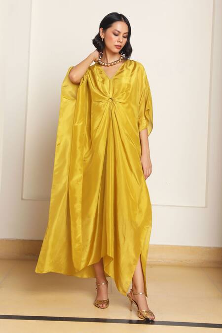 Buy_Kanelle_Green Cotton, Silk V-neck Mira Draped Kaftan _Online_at_Aza_Fashions