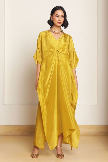 Shop_Kanelle_Green Cotton, Silk V-neck Mira Draped Kaftan _Online_at_Aza_Fashions