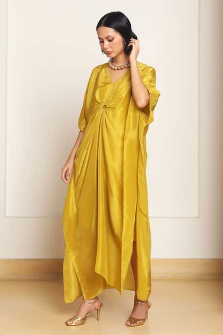 Kanelle_Green Cotton, Silk V-neck Mira Draped Kaftan _at_Aza_Fashions
