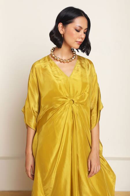 Buy_Kanelle_Green Cotton, Silk V-neck Mira Draped Kaftan 