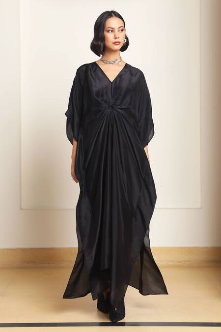 Kanelle_Black Cotton, Silk V-neck Mira Solid Draped Kaftan_Online_at_Aza_Fashions