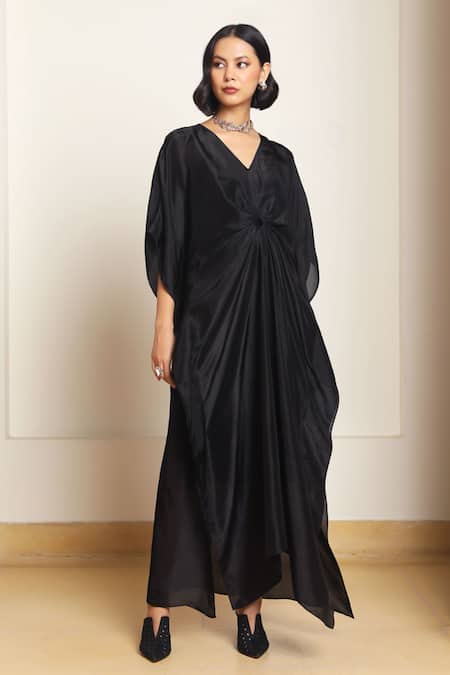 Buy_Kanelle_Black Cotton, Silk V-neck Mira Solid Draped Kaftan_Online_at_Aza_Fashions
