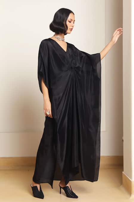 Shop_Kanelle_Black Cotton, Silk V-neck Mira Solid Draped Kaftan_Online_at_Aza_Fashions
