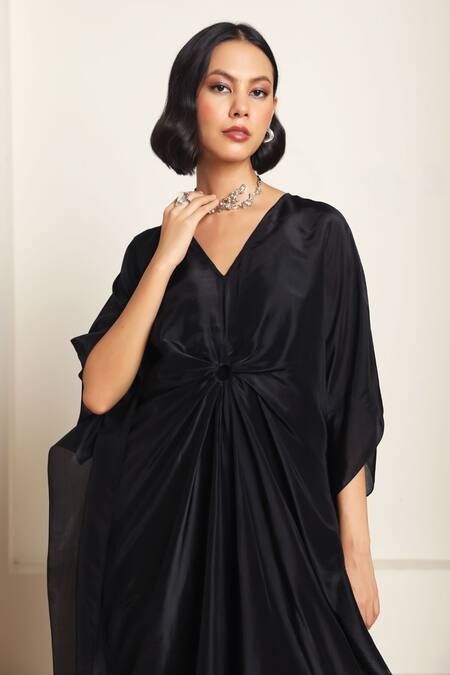 Kanelle_Black Cotton, Silk V-neck Mira Solid Draped Kaftan_at_Aza_Fashions