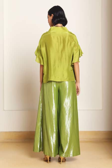 Shop Kanelle Green Silk, Cotton, Lurex V-neck Bumi Drop Shoulder Top With Flared Pant at Aza Fashions Shop_Kanelle_Green Silk, Cotton, Lurex V-neck Bumi Drop Shoulder Top With Flared Pant_at_Aza_Fashions