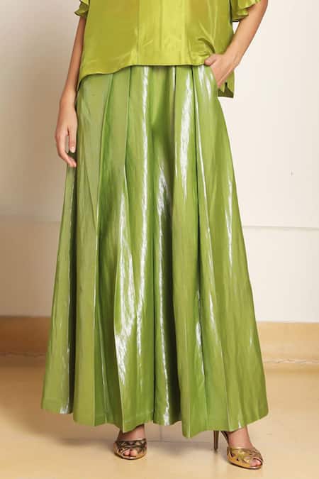Buy Kanelle Green Silk, Cotton, Lurex V-neck Bumi Drop Shoulder Top With Flared Pant Online at Aza Fashions Buy_Kanelle_Green Silk, Cotton, Lurex V-neck Bumi Drop Shoulder Top With Flared Pant_Online_at_Aza_Fashions