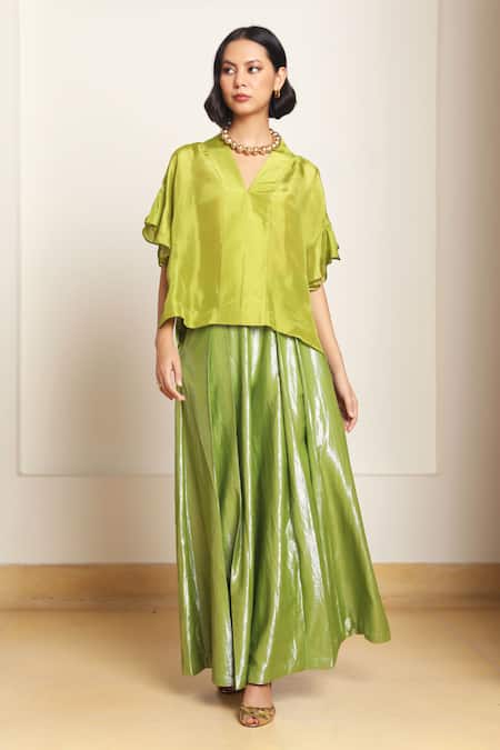 Shop Kanelle Green Silk, Cotton, Lurex V-neck Bumi Drop Shoulder Top With Flared Pant Online at Aza Fashions Shop_Kanelle_Green Silk, Cotton, Lurex V-neck Bumi Drop Shoulder Top With Flared Pant_Online_at_Aza_Fashions