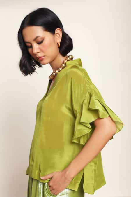 Kanelle Green Silk, Cotton, Lurex V-neck Bumi Drop Shoulder Top With Flared Pant at Aza Fashions Kanelle_Green Silk, Cotton, Lurex V-neck Bumi Drop Shoulder Top With Flared Pant_at_Aza_Fashions