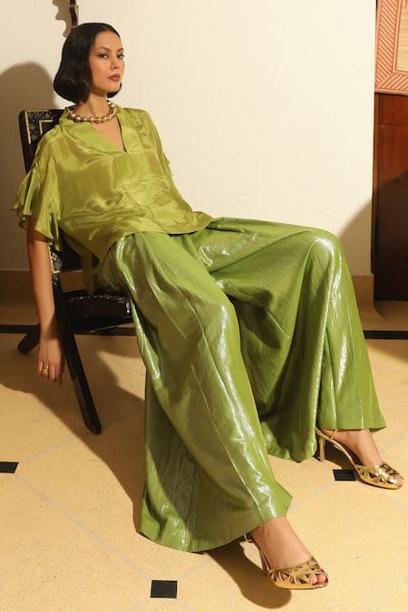 Buy Kanelle Green Silk, Cotton, Lurex V-neck Bumi Drop Shoulder Top With Flared Pant Buy_Kanelle_Green Silk, Cotton, Lurex V-neck Bumi Drop Shoulder Top With Flared Pant