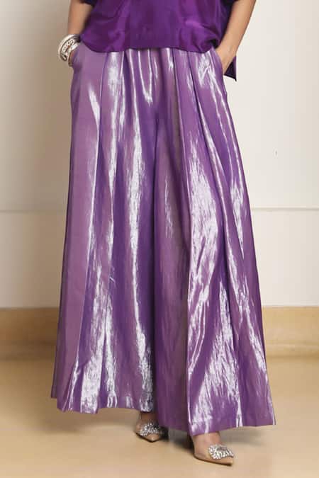 Buy Kanelle Purple Silk, Cotton, Lurex V-neck Bumi Frill Sleeve Top With Flared Pant Online at Aza Fashions Buy_Kanelle_Purple Silk, Cotton, Lurex V-neck Bumi Frill Sleeve Top With Flared Pant _Online_at_Aza_Fashions
