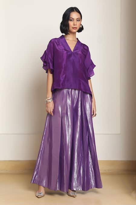 Shop Kanelle Purple Silk, Cotton, Lurex V-neck Bumi Frill Sleeve Top With Flared Pant Online at Aza Fashions Shop_Kanelle_Purple Silk, Cotton, Lurex V-neck Bumi Frill Sleeve Top With Flared Pant _Online_at_Aza_Fashions
