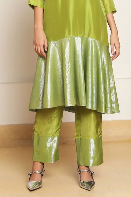 Kanelle Green Silk, Cotton Embroidery Mandarin Collar Lila Patch Front Tunic With Pant Online at Aza Fashions Kanelle_Green Silk, Cotton Embroidery Mandarin Collar Lila Patch Front Tunic With Pant_Online_at_Aza_Fashions
