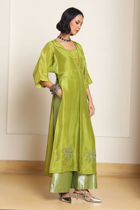 Buy_Kanelle_Green Silk Embroidery Scoop Neck Elea Floral Front Cape With Pant Set_Online_at_Aza_Fashions