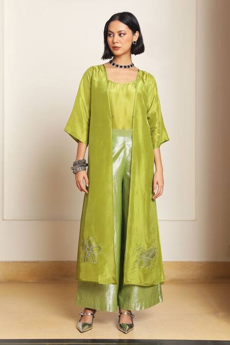 Kanelle_Green Silk Embroidery Scoop Neck Elea Floral Front Cape With Pant Set_at_Aza_Fashions