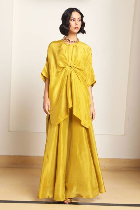 Kanelle Green Round Neck Drape Detail Olive Kaftan And Pant Set Online at Aza Fashions Kanelle_Green Round Neck Drape Detail Olive Kaftan And Pant Set_Online_at_Aza_Fashions