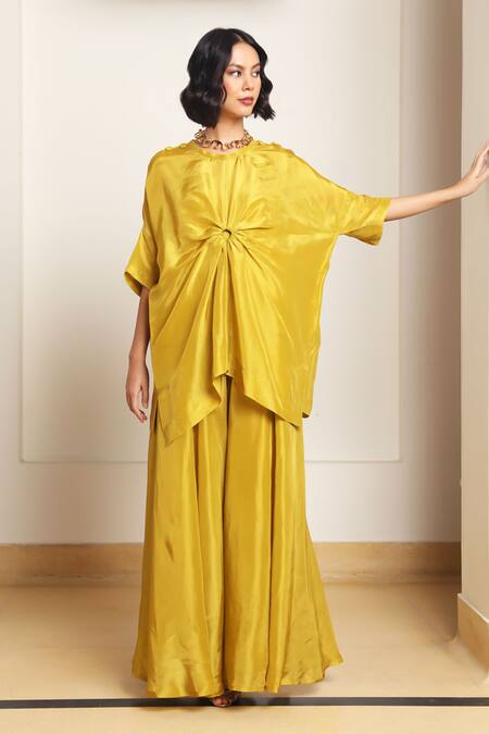 Shop Kanelle Green Round Neck Drape Detail Olive Kaftan And Pant Set Online at Aza Fashions Shop_Kanelle_Green Round Neck Drape Detail Olive Kaftan And Pant Set_Online_at_Aza_Fashions