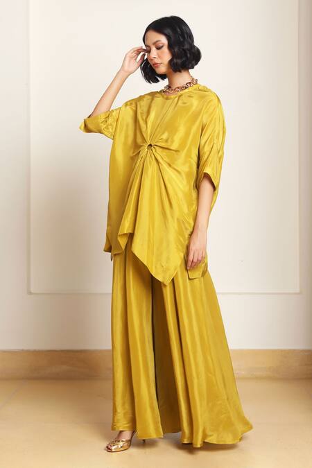 Kanelle Green Round Neck Drape Detail Olive Kaftan And Pant Set at Aza Fashions Kanelle_Green Round Neck Drape Detail Olive Kaftan And Pant Set_at_Aza_Fashions