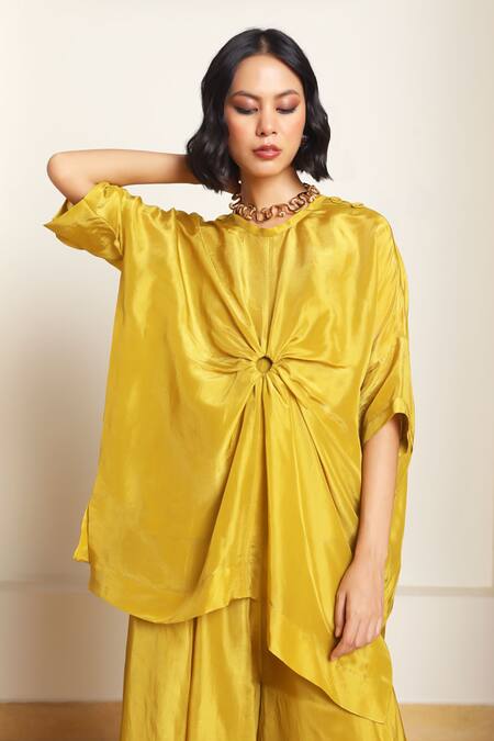 Buy Kanelle Green Round Neck Drape Detail Olive Kaftan And Pant Set Buy_Kanelle_Green Round Neck Drape Detail Olive Kaftan And Pant Set