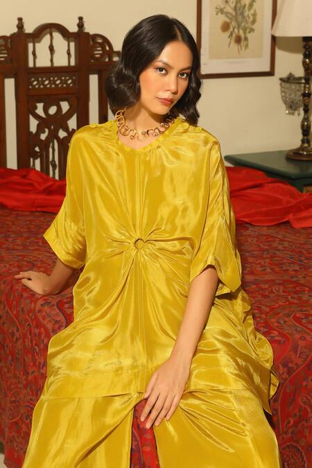 Shop Kanelle Green Round Neck Drape Detail Olive Kaftan And Pant Set Shop_Kanelle_Green Round Neck Drape Detail Olive Kaftan And Pant Set