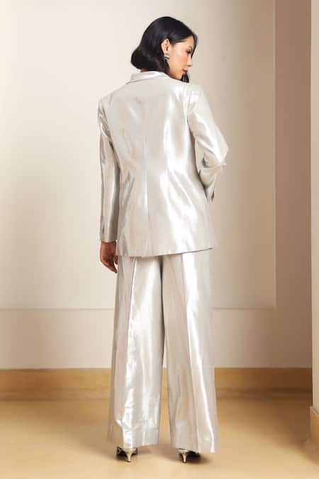 Shop Kanelle Silver , Satin Notched Lapel Collar Blazer With Pant at Aza Fashions Shop_Kanelle_Silver , Satin Notched Lapel Collar Blazer With Pant_at_Aza_Fashions