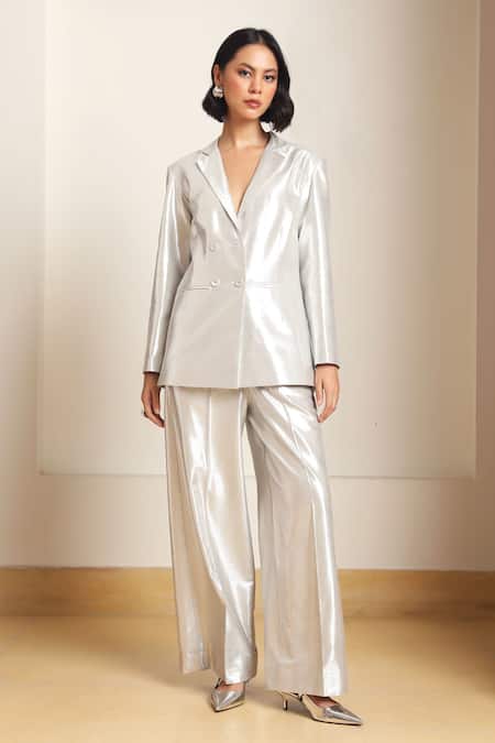 Buy Kanelle Silver , Satin Notched Lapel Collar Blazer With Pant Online at Aza Fashions Buy_Kanelle_Silver , Satin Notched Lapel Collar Blazer With Pant_Online_at_Aza_Fashions