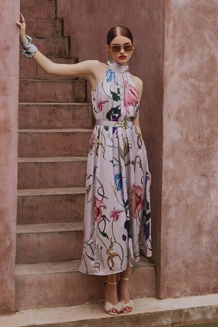 Buy_House Of Fett_Ivory Satin, Polyester Halter Neck Blair Floral Print Jumpsuit _Online_at_Aza_Fashions