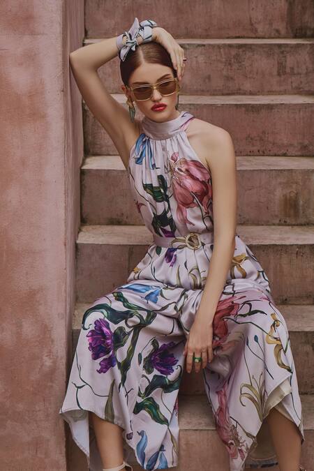 Shop_House Of Fett_Ivory Satin, Polyester Halter Neck Blair Floral Print Jumpsuit _Online_at_Aza_Fashions