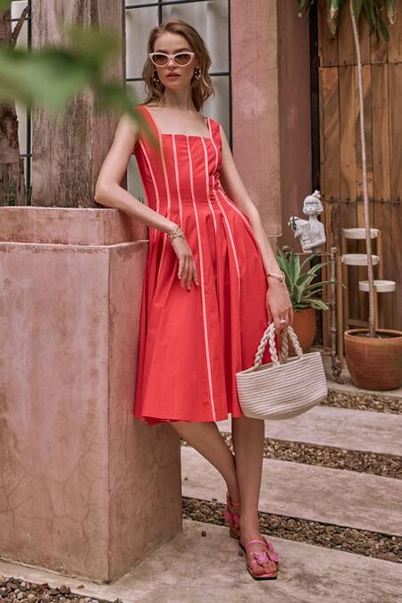 House Of Fett_Pink Cotton Square Neck Townie Pipe Embellished Dress _Online_at_Aza_Fashions