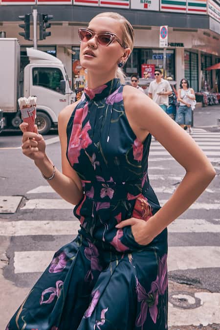 House Of Fett Black Satin, Polyester Halter Neck Upper East Printed Jumpsuit Online at Aza Fashions House Of Fett_Black Satin, Polyester Halter Neck Upper East Printed Jumpsuit _Online_at_Aza_Fashions