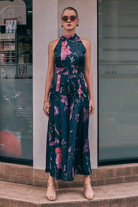 Buy House Of Fett Black Satin, Polyester Halter Neck Upper East Printed Jumpsuit Online at Aza Fashions Buy_House Of Fett_Black Satin, Polyester Halter Neck Upper East Printed Jumpsuit _Online_at_Aza_Fashions