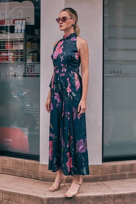 Shop House Of Fett Black Satin, Polyester Halter Neck Upper East Printed Jumpsuit Online at Aza Fashions Shop_House Of Fett_Black Satin, Polyester Halter Neck Upper East Printed Jumpsuit _Online_at_Aza_Fashions
