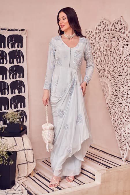 Swish By Dolcy And Simran Icy Azure Draped Gown 