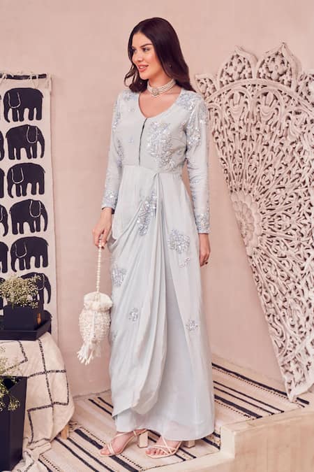 Shop Swish By Dolcy And Simran Blue Crepe Hand Embellished Pearls Round Icy Azure Draped Gown at Aza Fashions Shop_Swish By Dolcy And Simran_Blue Crepe Hand Embellished Pearls Round Icy Azure Draped Gown _at_Aza_Fashions