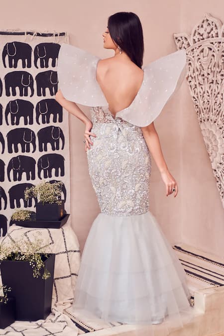 Shop Swish By Dolcy And Simran Blue Net Hand Embellished Pearls V-neck Fae Mermaid Gown at Aza Fashions Shop_Swish By Dolcy And Simran_Blue Net Hand Embellished Pearls V-neck Fae Mermaid Gown _at_Aza_Fashions
