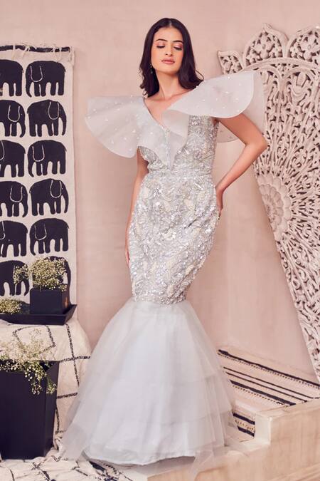 Swish By Dolcy And Simran Blue Net Hand Embellished Pearls V-neck Fae Mermaid Gown Online at Aza Fashions Swish By Dolcy And Simran_Blue Net Hand Embellished Pearls V-neck Fae Mermaid Gown _Online_at_Aza_Fashions