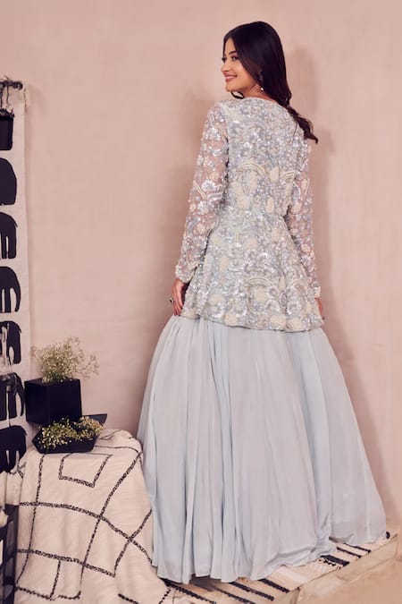 Swish By Dolcy And Simran Gossamer Sky Peplum Kurta With Lehenga 