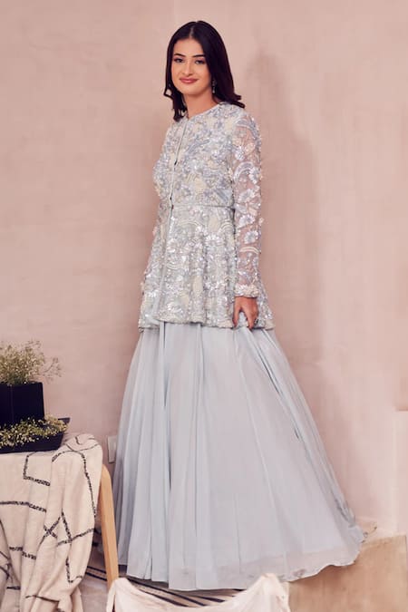 Swish By Dolcy And Simran_Blue Organza, Crepe Cut Work, Sequins, Gossamer Sky Peplum Kurta With Lehenga _Online_at_Aza_Fashions