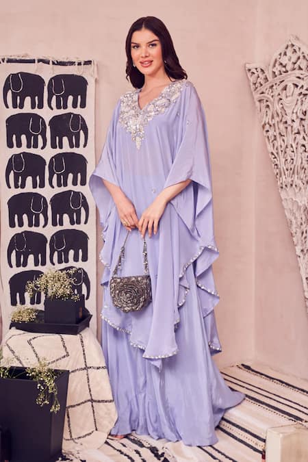 Swish By Dolcy And Simran Blue Crepe Embellished Bootis V-neck Love Affair Kaftan With Flared Pant 