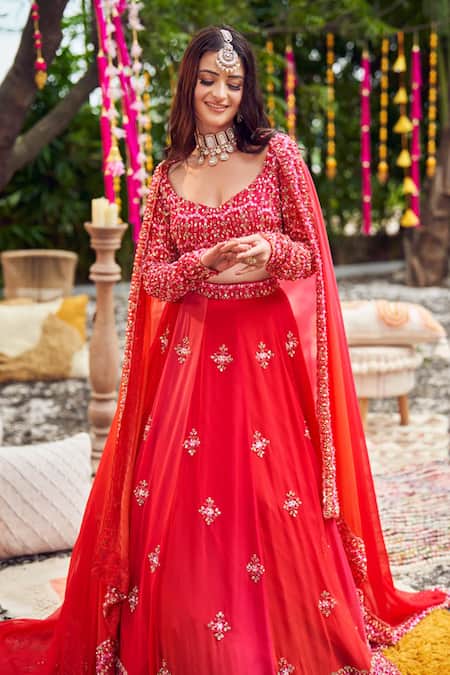 Swish By Dolcy And Simran Red Viscose, Organza Tassels, Sunset Cutdana Embroidered Ombre Lehenga Set Online at Aza Fashions Swish By Dolcy And Simran_Red Viscose, Organza Tassels, Sunset Cutdana Embroidered Ombre Lehenga Set _Online_at_Aza_Fashions