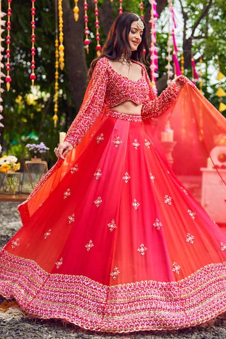 Shop Swish By Dolcy And Simran Red Viscose, Organza Tassels, Sunset Cutdana Embroidered Ombre Lehenga Set at Aza Fashions Shop_Swish By Dolcy And Simran_Red Viscose, Organza Tassels, Sunset Cutdana Embroidered Ombre Lehenga Set _at_Aza_Fashions