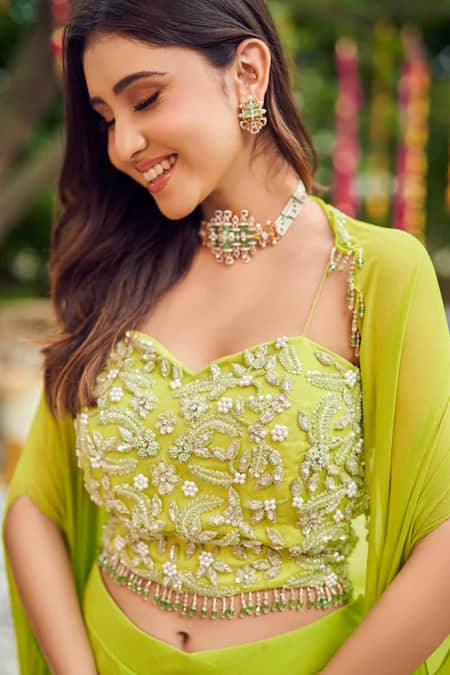 Swish By Dolcy And Simran Green Georgette Embroidery Pearls Blouse Floral Crystals And Draped Skirt Set Online at Aza Fashions Swish By Dolcy And Simran_Green Georgette Embroidery Pearls Blouse Floral Crystals And Draped Skirt Set _Online_at_Aza_Fashions