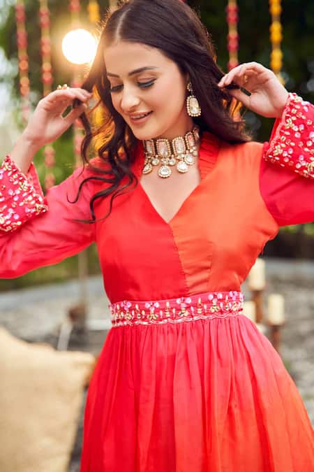 Swish By Dolcy And Simran Red Viscose Organza Embroidery Crystals Ombre Peplum Kurta With Dhoti Pant Online at Aza Fashions Swish By Dolcy And Simran_Red Viscose Organza Embroidery Crystals Ombre Peplum Kurta With Dhoti Pant _Online_at_Aza_Fashions