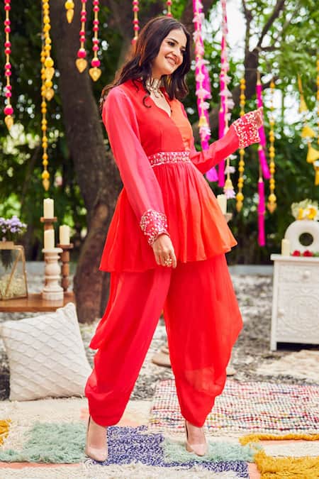 Shop Swish By Dolcy And Simran Red Viscose Organza Embroidery Crystals Ombre Peplum Kurta With Dhoti Pant at Aza Fashions Shop_Swish By Dolcy And Simran_Red Viscose Organza Embroidery Crystals Ombre Peplum Kurta With Dhoti Pant _at_Aza_Fashions
