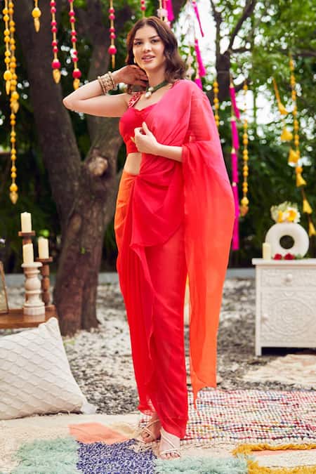 Shop Swish By Dolcy And Simran Red Viscose Organza Blushing Ombre Corset Blouse With Pre-draped Saree at Aza Fashions Shop_Swish By Dolcy And Simran_Red Viscose Organza Blushing Ombre Corset Blouse With Pre-draped Saree _at_Aza_Fashions