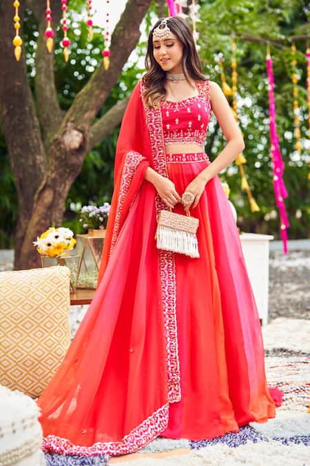 Swish By Dolcy And Simran Rosewood Ombre Embroidered Lehenga Set 